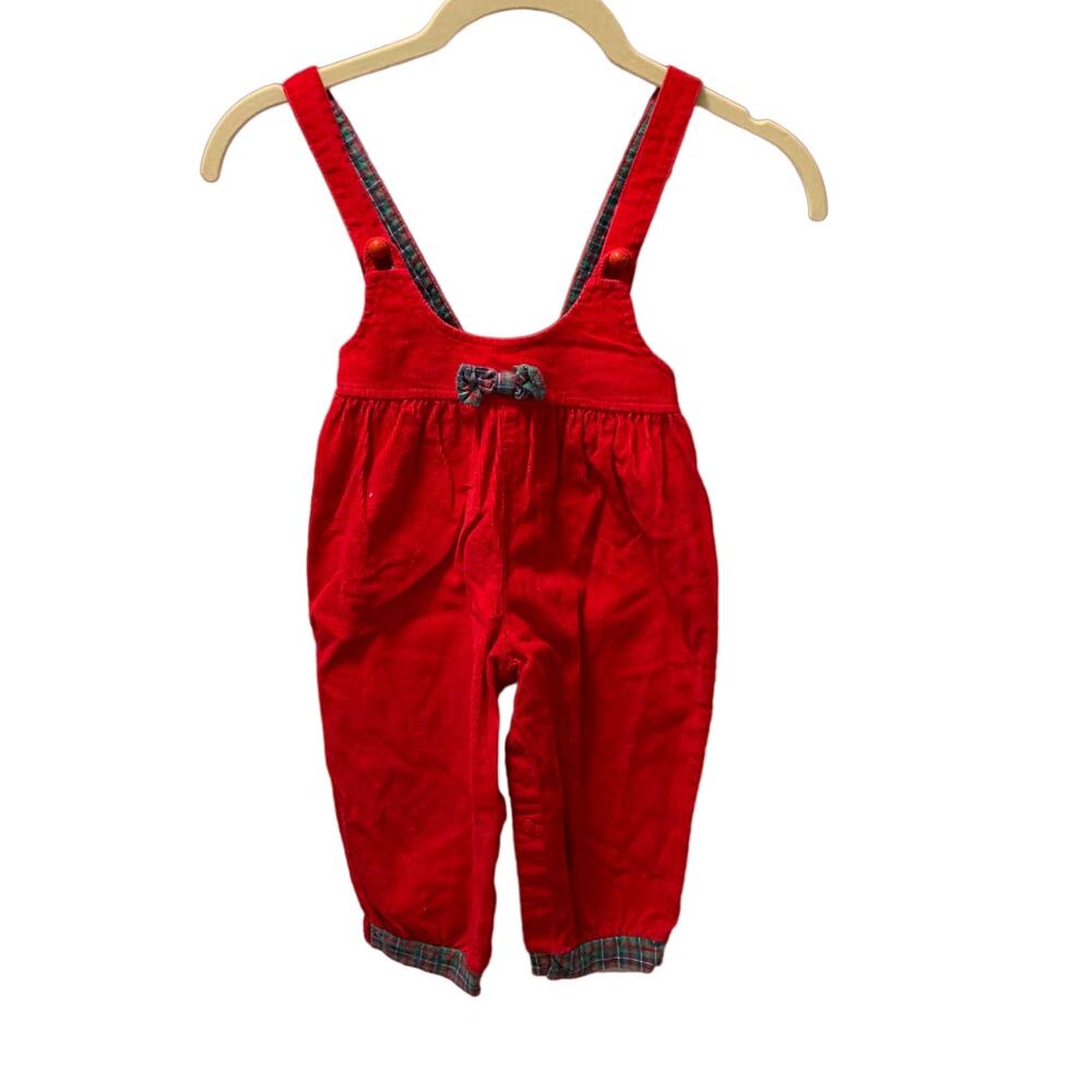 Vintage Corduroy Bow Sleeveless Plaid Hem Ankle Length Overalls Jumper Red 24M